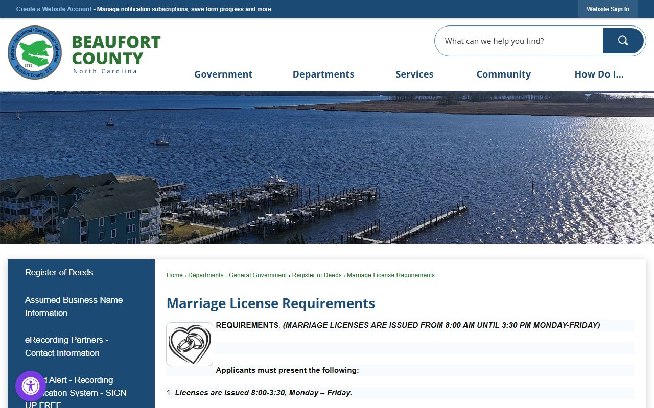Beaufort County marriage records license requirements